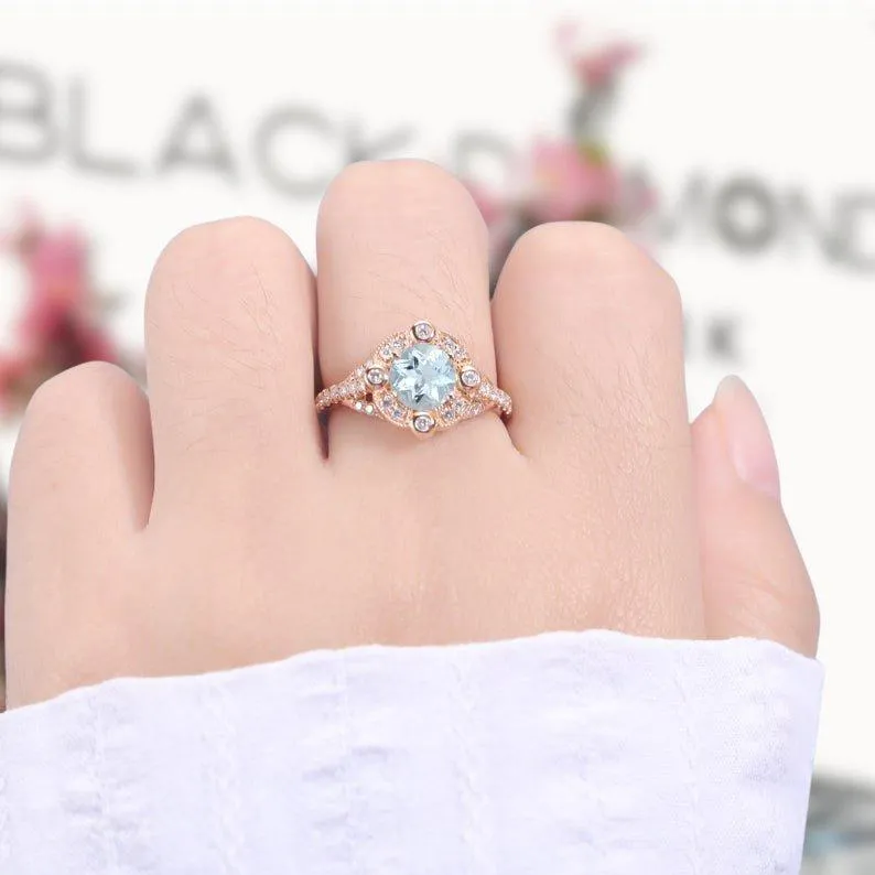 14k Rose Gold Aquamarine Milgrain Halo Engagement