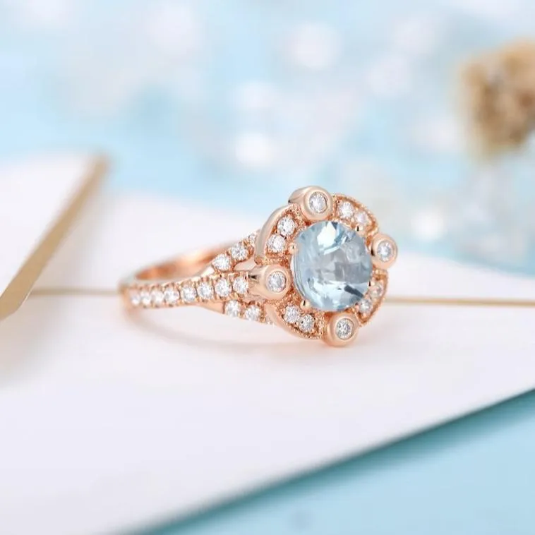 14k Rose Gold Aquamarine Milgrain Halo Engagement