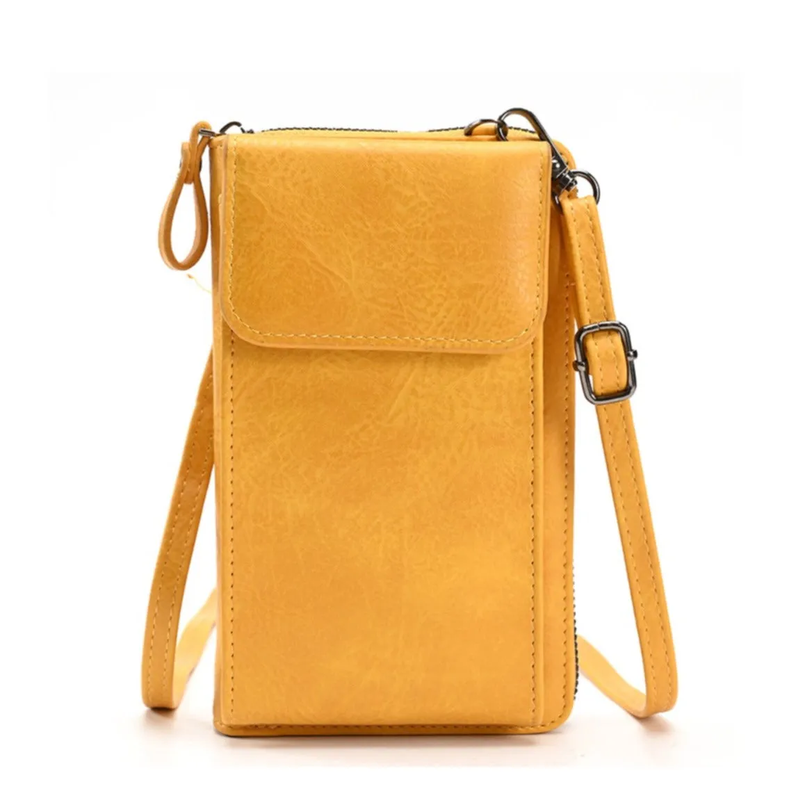 (18x11x5cm) Universal Cell Phone Leather Shoulder Bag Wallet Fashion Crossbody Bag in Vintage Look - Yellow