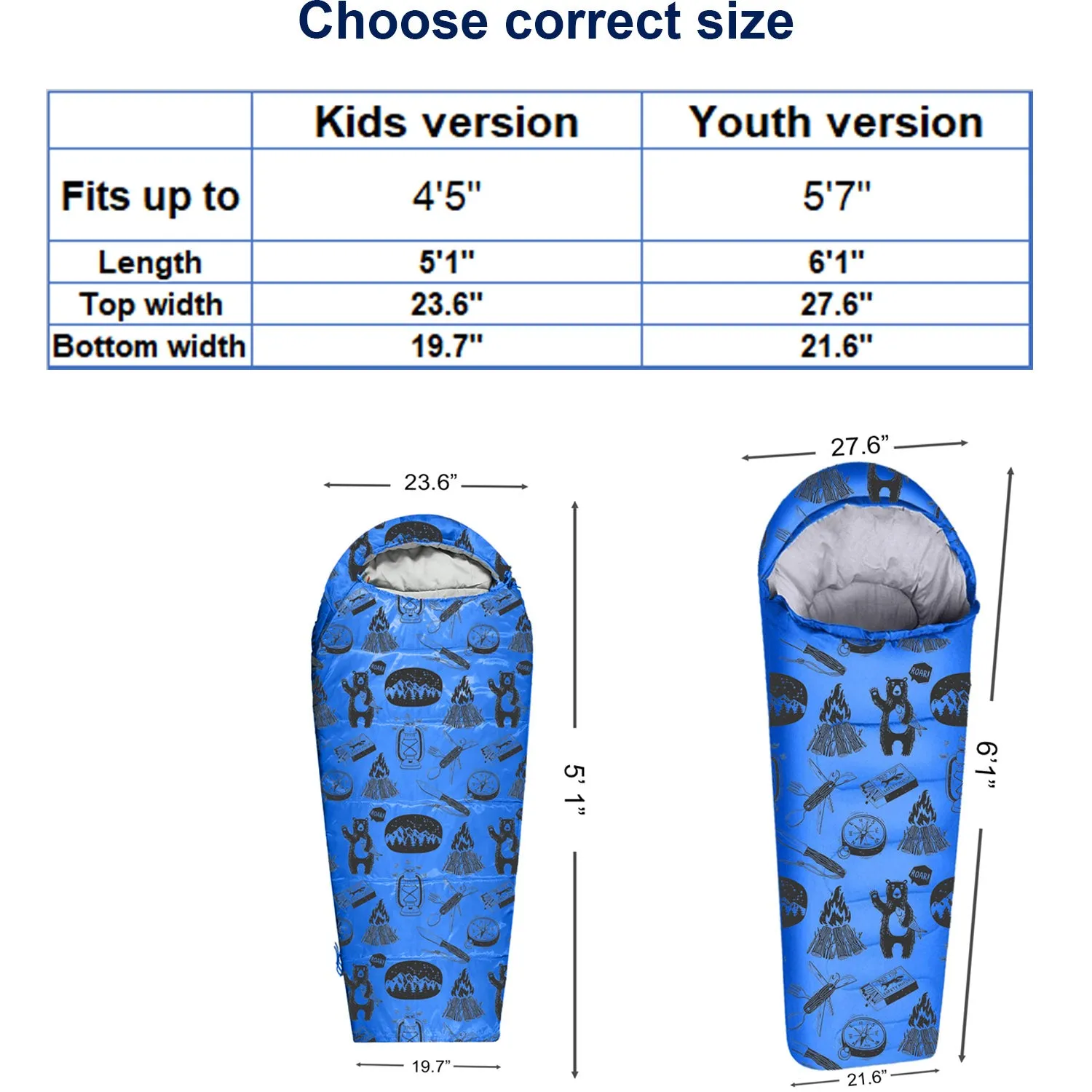 Adventure Theme 32F - 59F Kids Sleeping Bag with Pillow Sleeve - Mummy Style