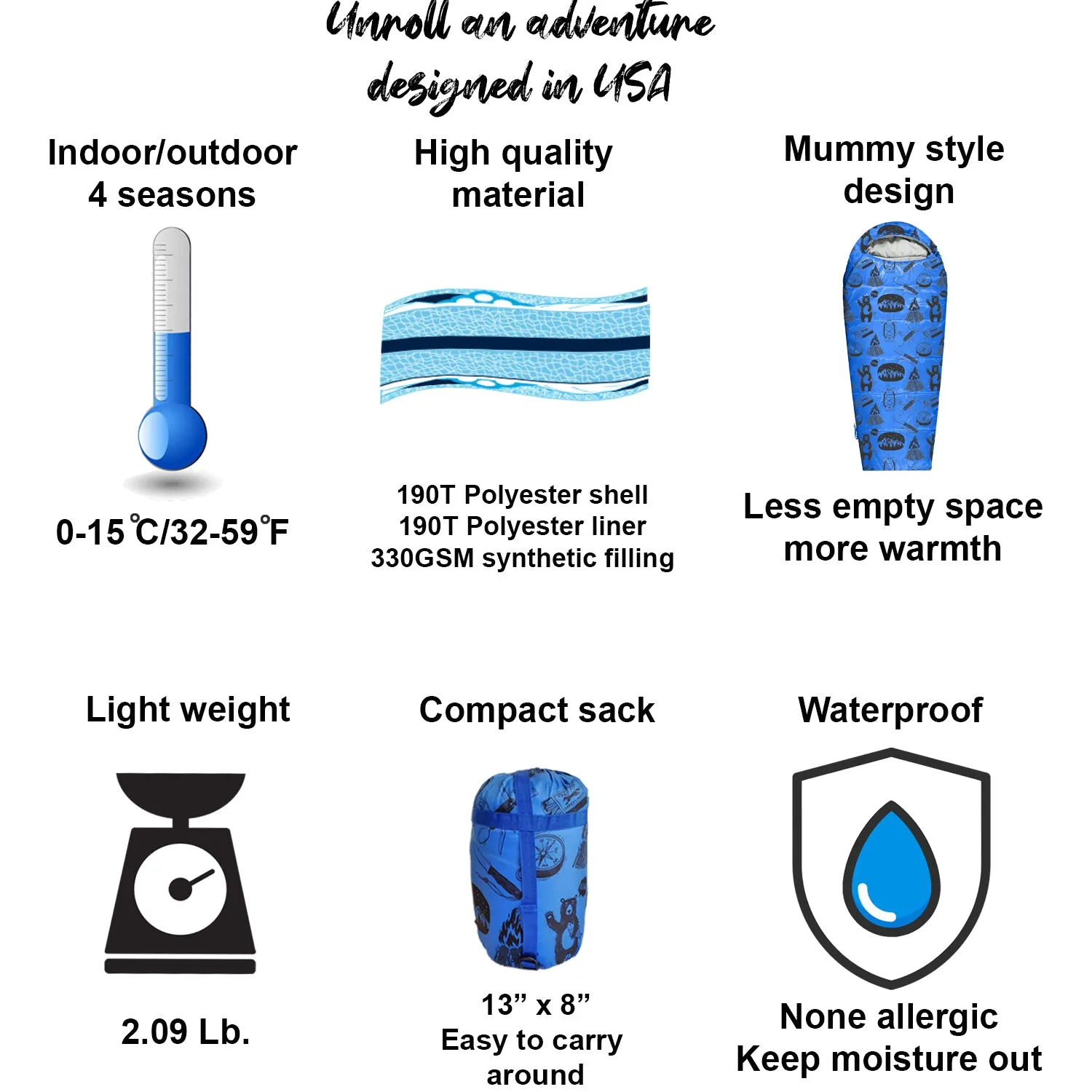 Adventure Theme 32F - 59F Kids Sleeping Bag with Pillow Sleeve - Mummy Style