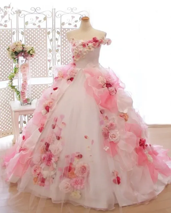 Anneprom Lace Pink 3D Flowers, Ball Gown, Organza Beaded O Neck wedding dress APW0251