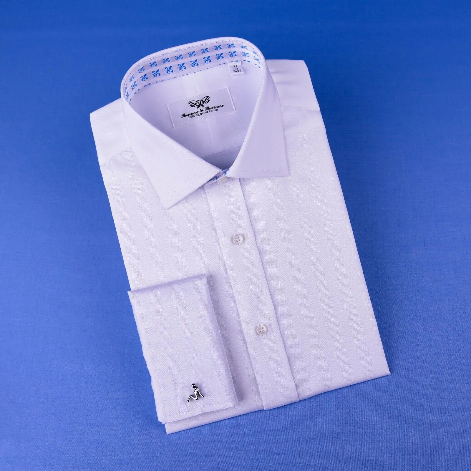 B2B White Herringbone Luxury Formal Business Dress Shirt With Fleur-De-Lis Inner Lining