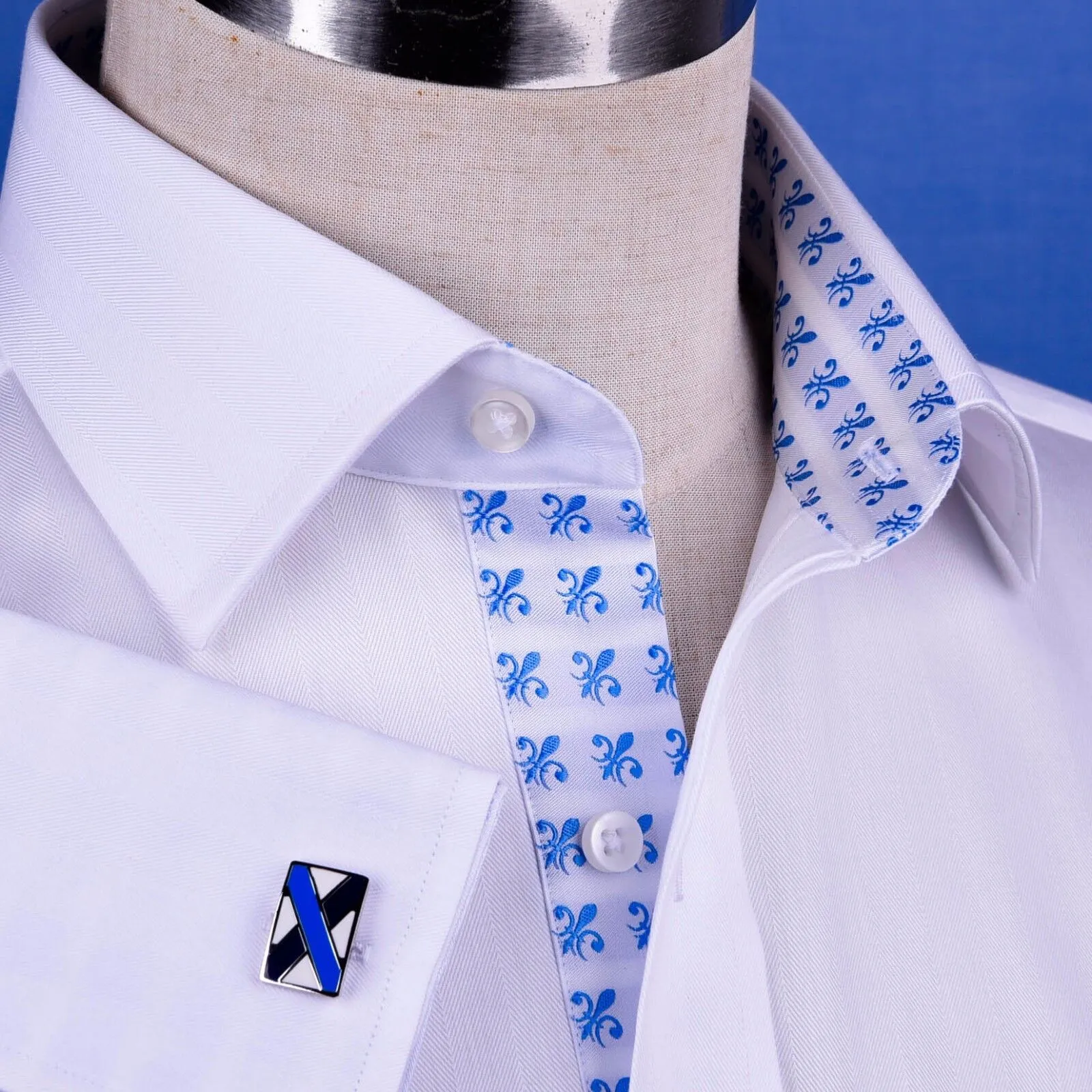 B2B White Herringbone Luxury Formal Business Dress Shirt With Fleur-De-Lis Inner Lining