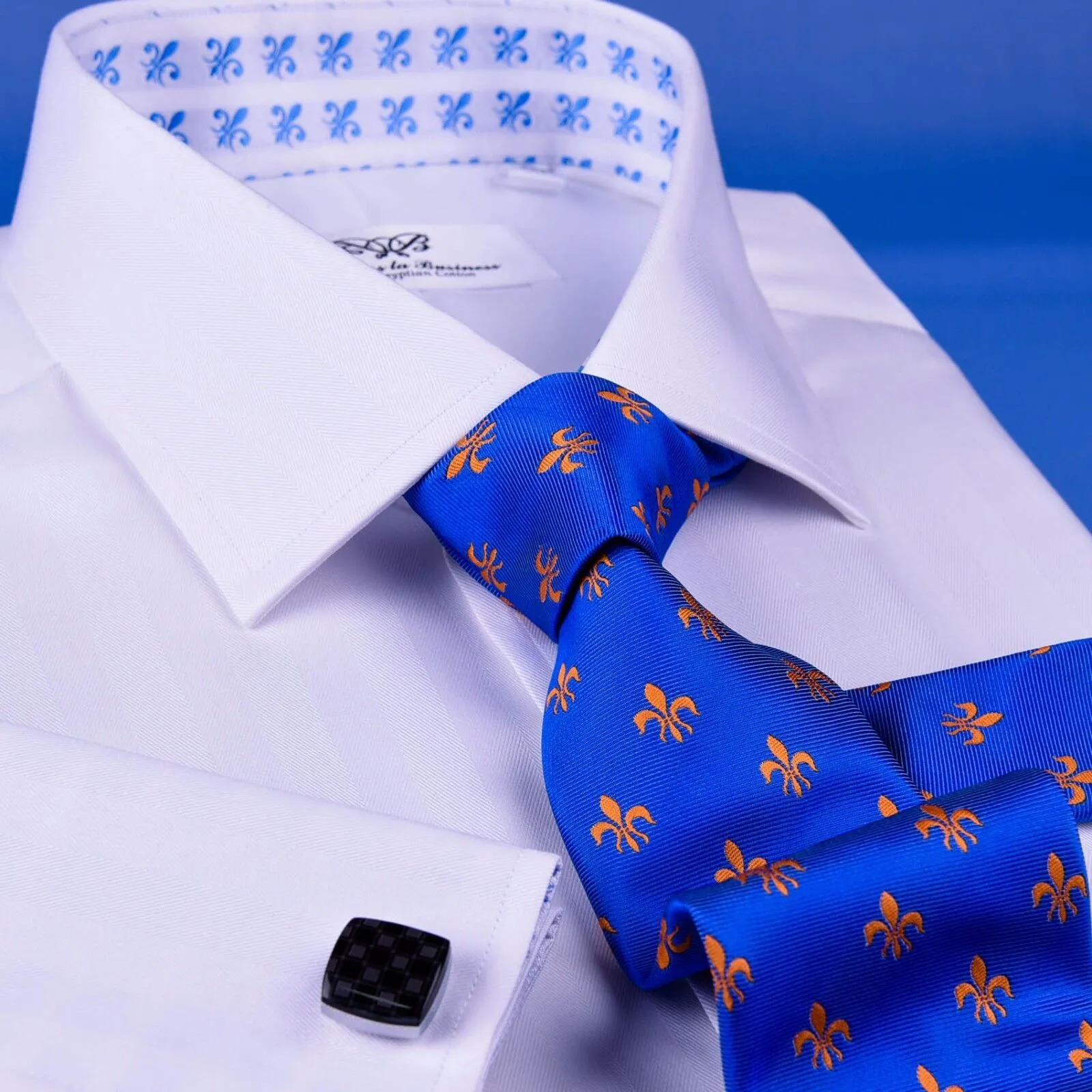 B2B White Herringbone Luxury Formal Business Dress Shirt With Fleur-De-Lis Inner Lining