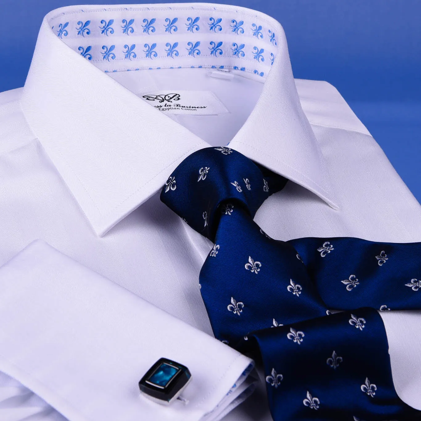 B2B White Herringbone Luxury Formal Business Dress Shirt With Fleur-De-Lis Inner Lining