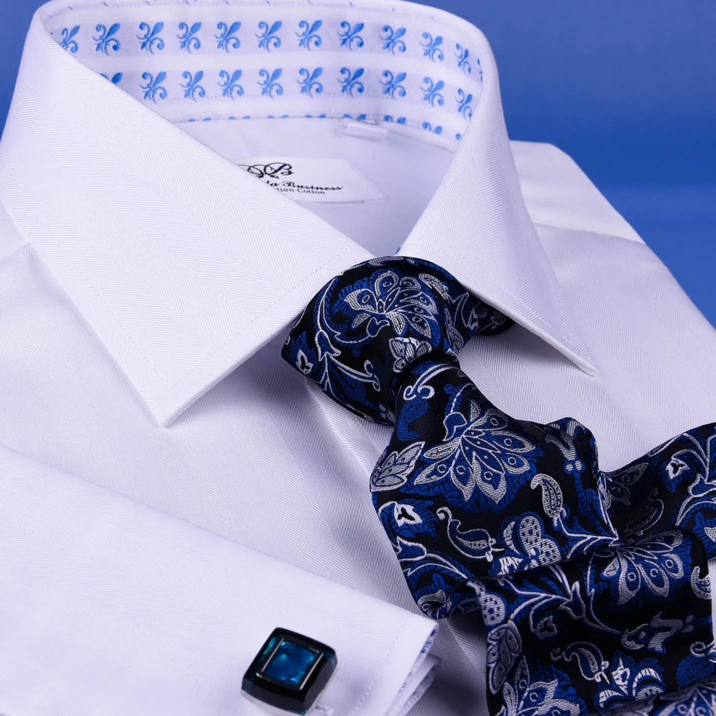 B2B White Herringbone Luxury Formal Business Dress Shirt With Fleur-De-Lis Inner Lining