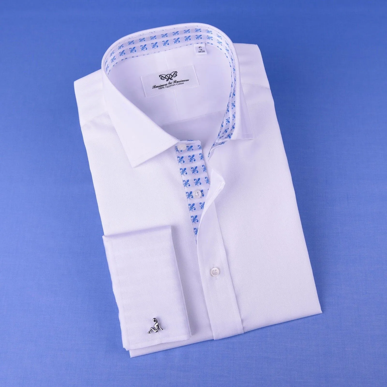B2B White Herringbone Luxury Formal Business Dress Shirt With Fleur-De-Lis Inner Lining