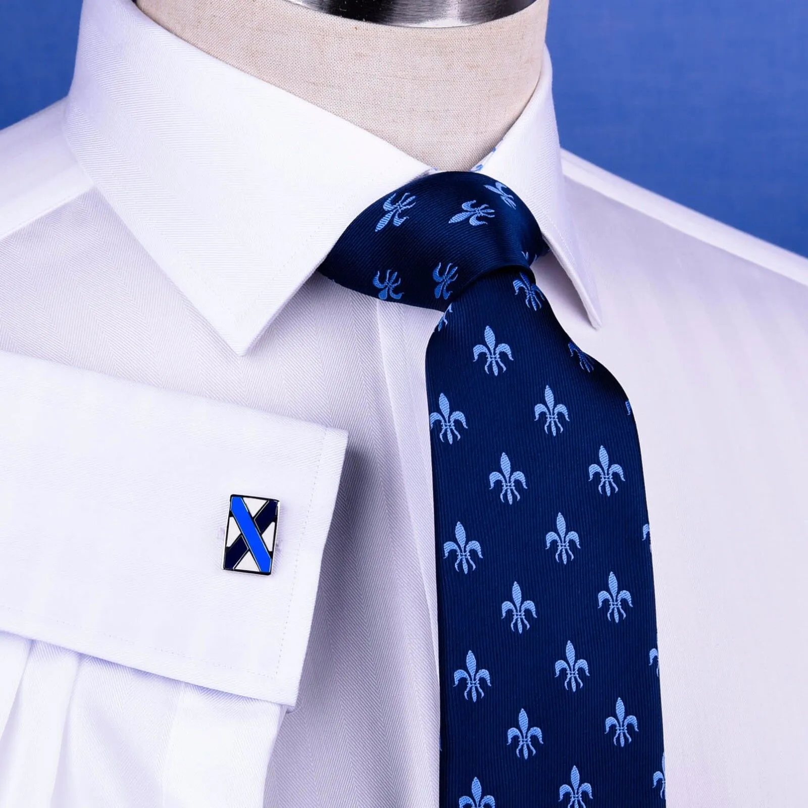 B2B White Herringbone Luxury Formal Business Dress Shirt With Fleur-De-Lis Inner Lining