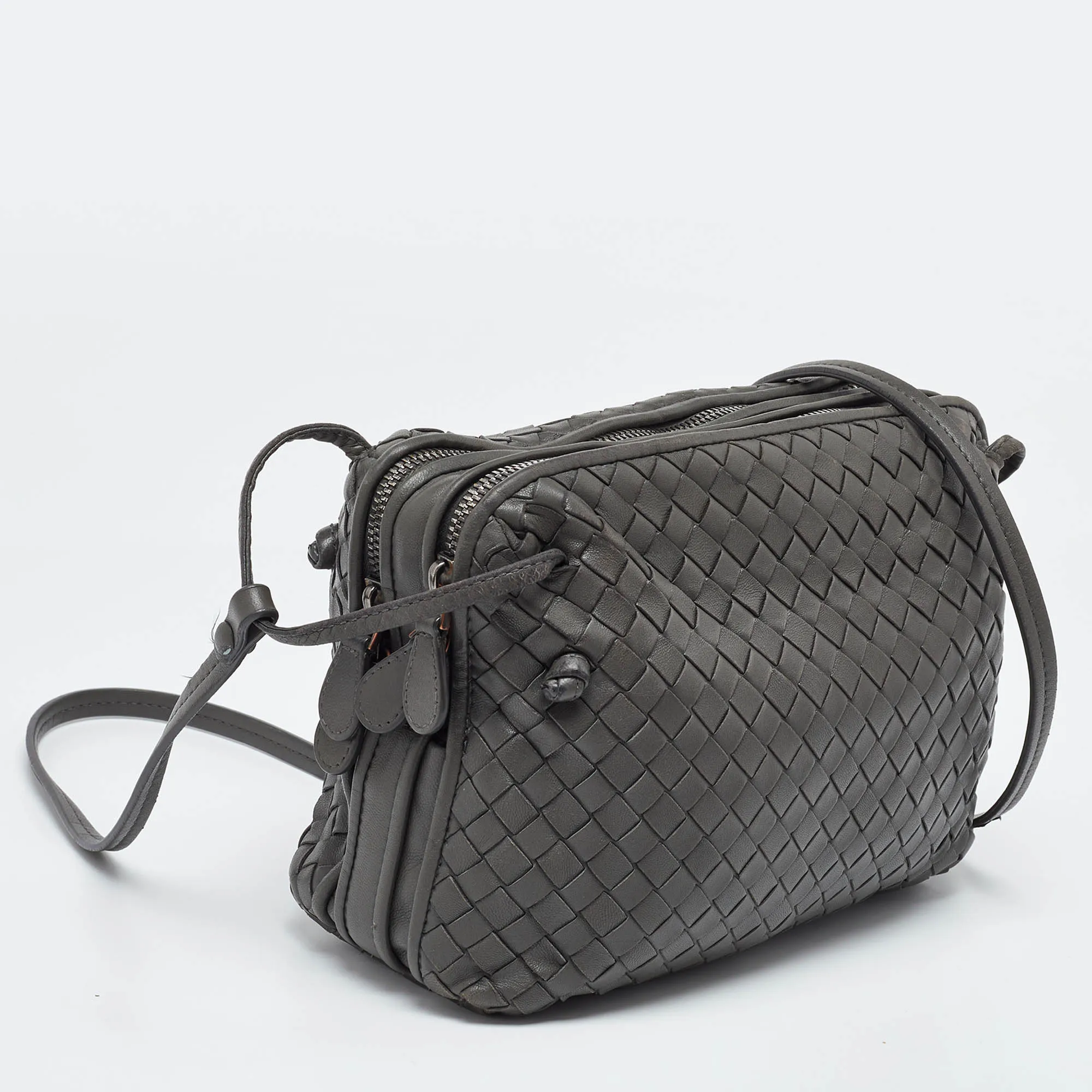 BOTTEGA VENETA Grey Intrecciato Leather Nodini Double Zip Crossbody Bag