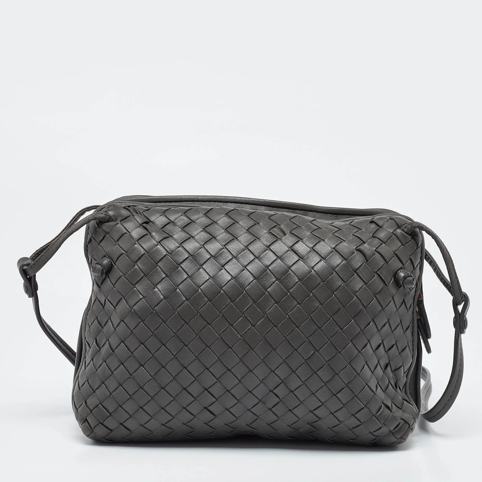BOTTEGA VENETA Grey Intrecciato Leather Nodini Double Zip Crossbody Bag