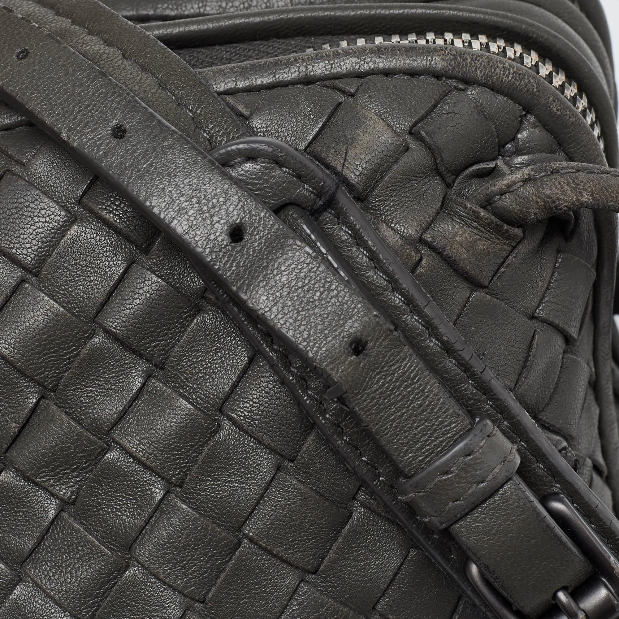 BOTTEGA VENETA Grey Intrecciato Leather Nodini Double Zip Crossbody Bag