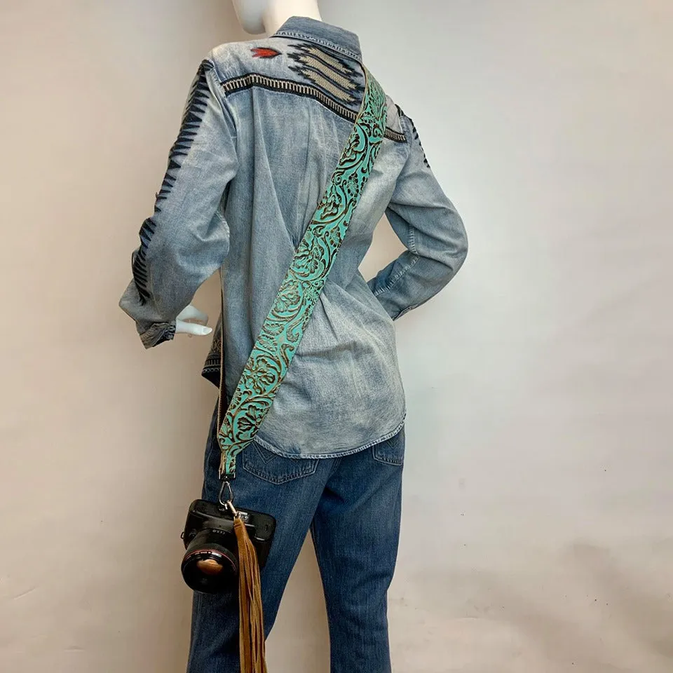 Camera Strap Sling Turquoise Brown Floral - 2.5" W