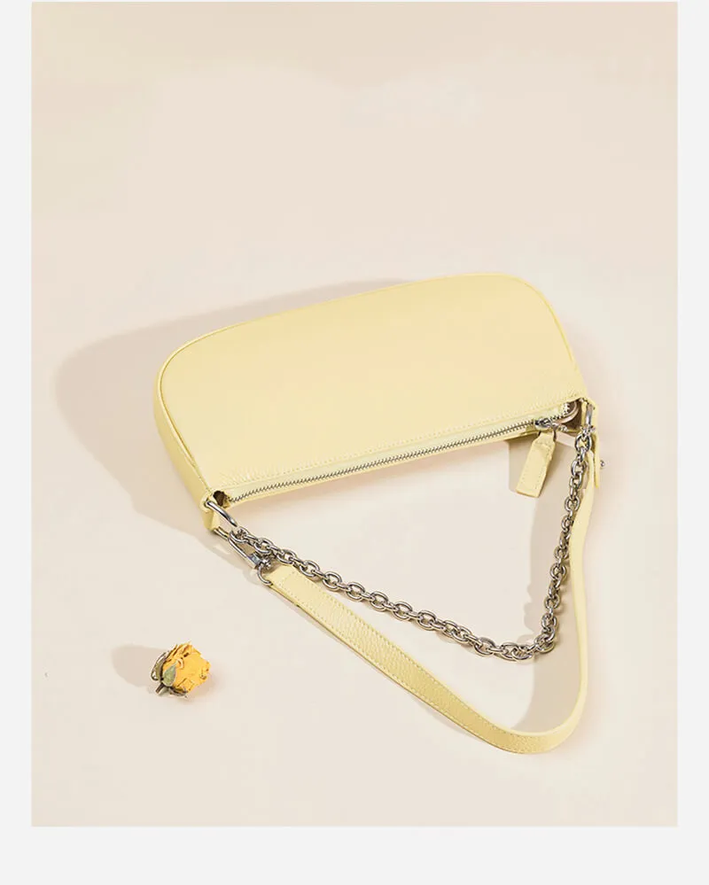 Chain Leather Baguette Shoulder Bag