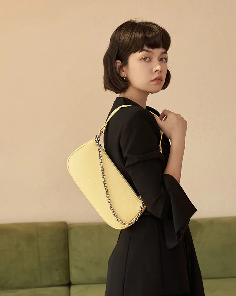 Chain Leather Baguette Shoulder Bag