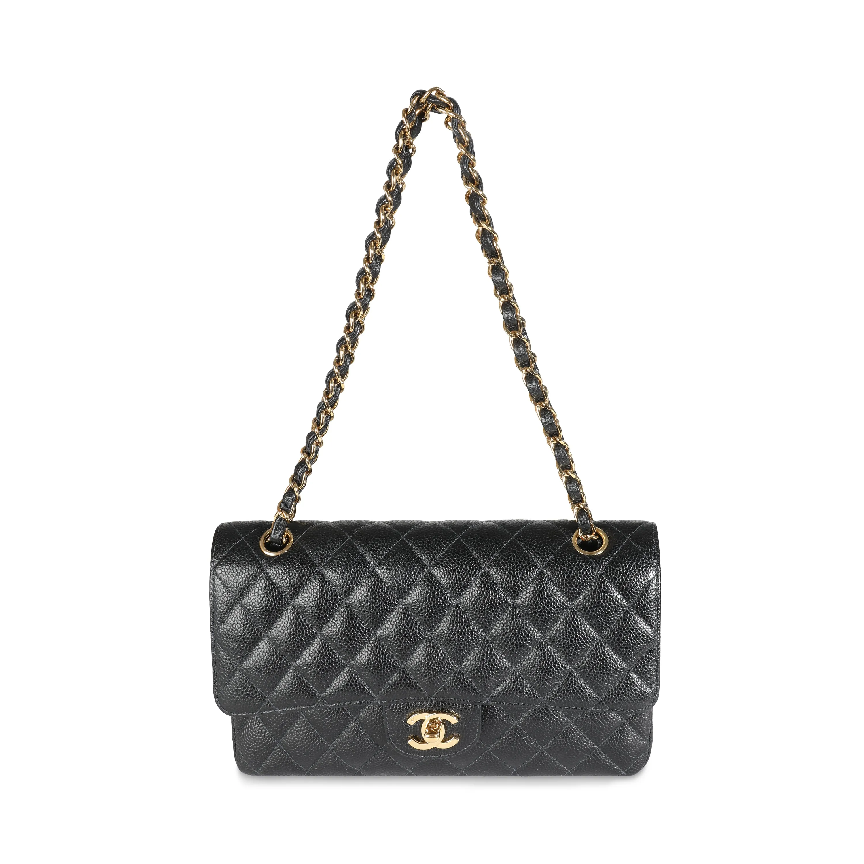 CHANEL 24K Black Quilted Caviar Medium Classic Double Flap Bag