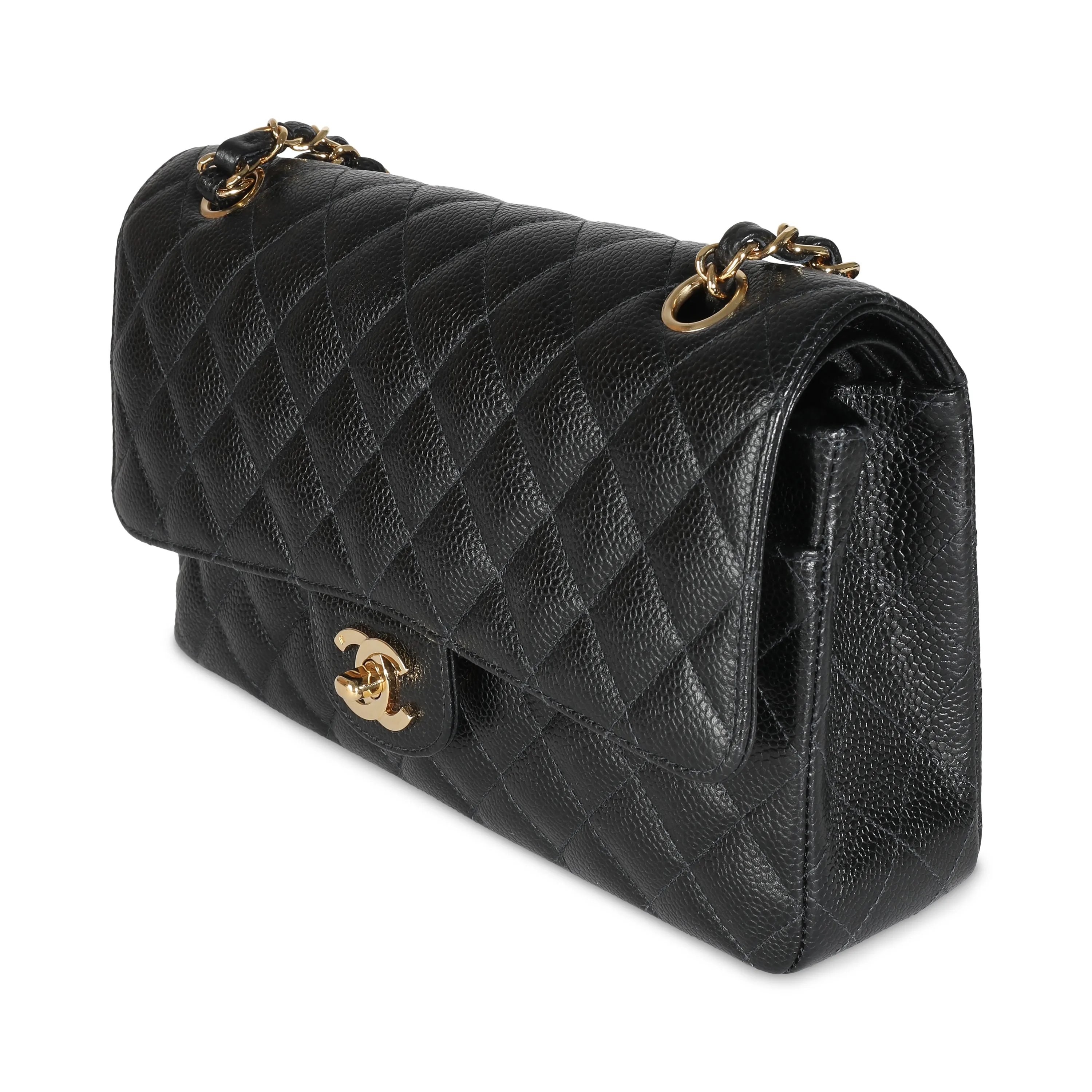 CHANEL 24K Black Quilted Caviar Medium Classic Double Flap Bag