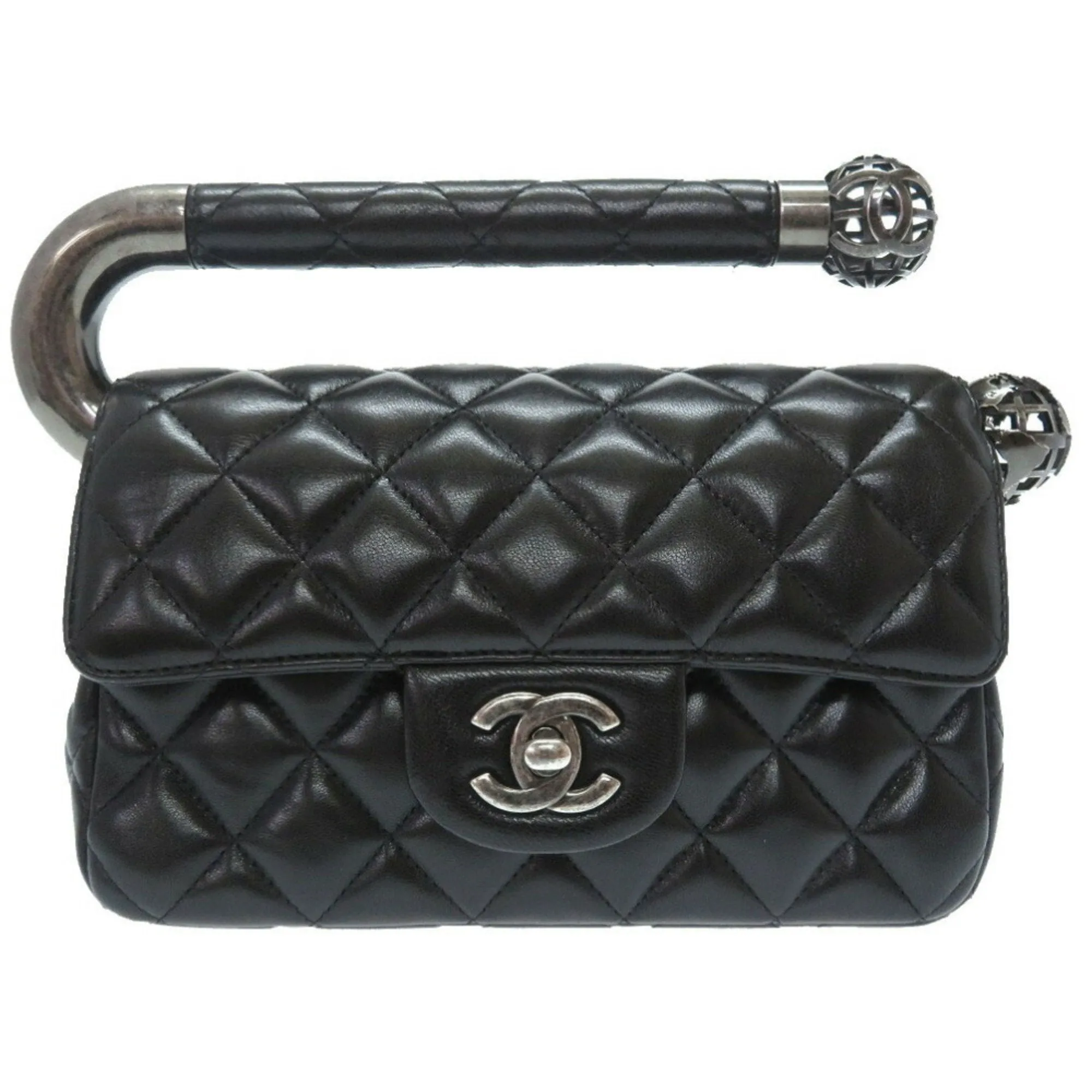 Chanel Around The World Evening Matrasse Lambskin Black Earth 18s Gun Metallic Metal Fittings Handbag Coco Mark Turn Lock