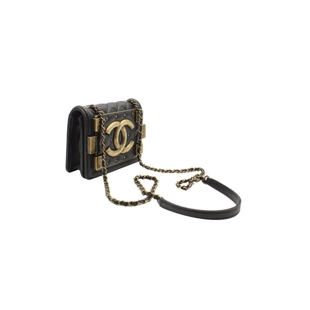 CHANEL Classic Studded Boy Brick Flap Bag in Black Lambskin Leather