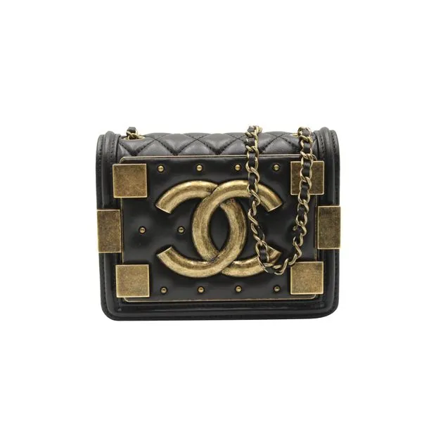 CHANEL Classic Studded Boy Brick Flap Bag in Black Lambskin Leather