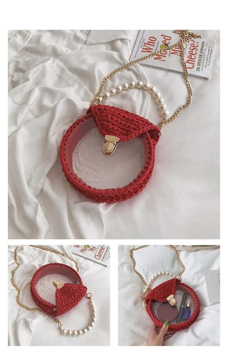 Cute Round White(Flap) Crochet Crossbody Purse PMMA Crochet Shoulder Round Handbag for Girl Circle Crochet Crossbody Purses