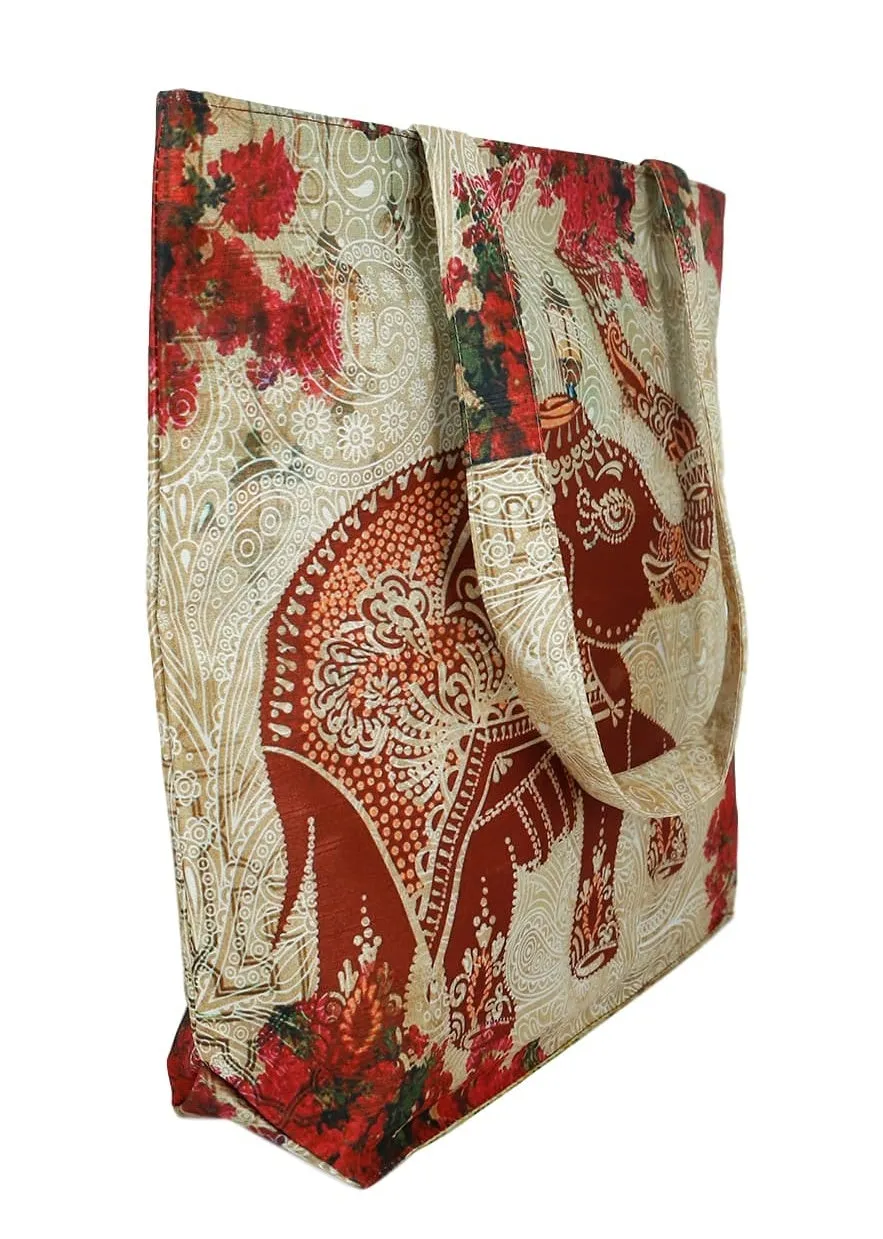 Digitally Printed Tote Fashion Shopping Hand Bag Multipurpose Waterproof Faux Silk and Polysatin Lining 16X14X4 Inch ,Dancing Elephant