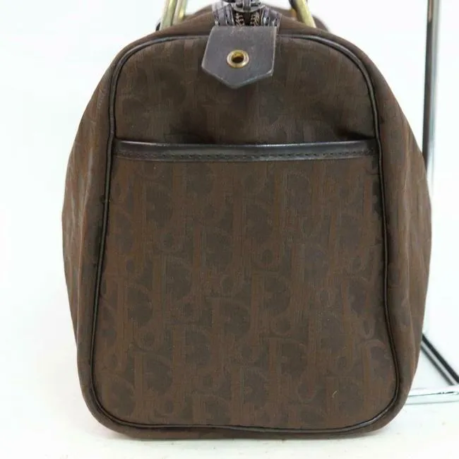 Dior Christian Brown Oblique Trotter Logo Print Canvas And Brown Leather Embroidered Satchel