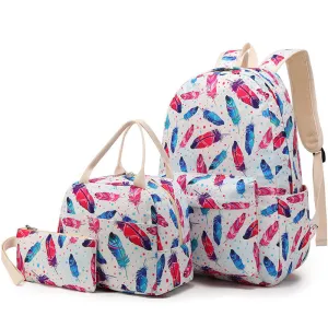 Feather Prins Backpack For School 3PCS Bookbag with Lunch Bag Pencil Case