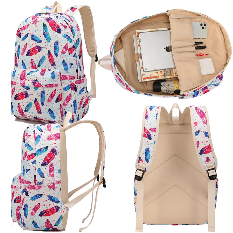 Feather Prins Backpack For School 3PCS Bookbag with Lunch Bag Pencil Case