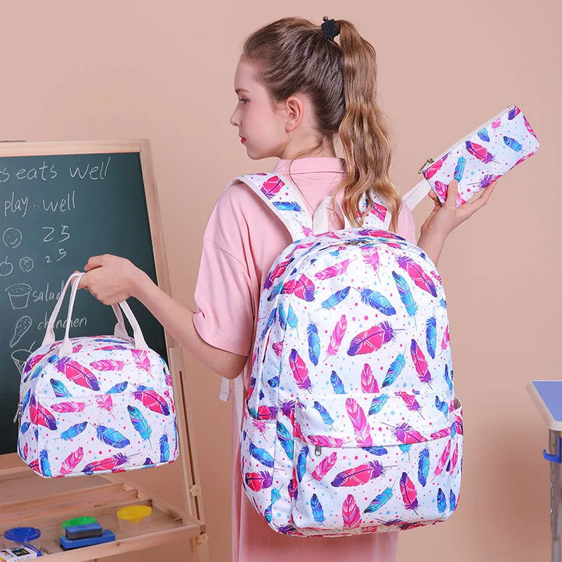 Feather Prins Backpack For School 3PCS Bookbag with Lunch Bag Pencil Case