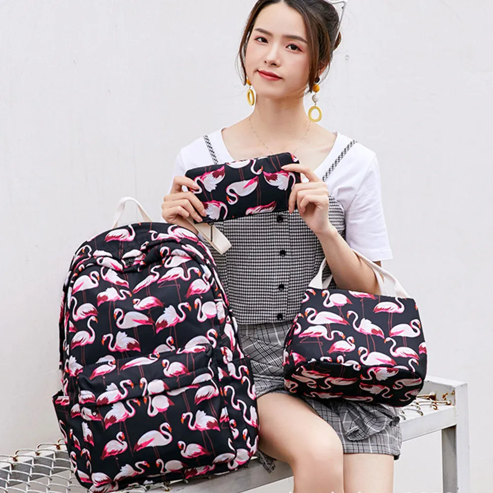 Flamingo School Backpack Set for Girls 3 in 1 Bookbag with Insulated Lunch Box Pencil Case Schoolbag Casual Daypack