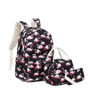 Flamingo School Backpack Set for Girls 3 in 1 Bookbag with Insulated Lunch Box Pencil Case Schoolbag Casual Daypack