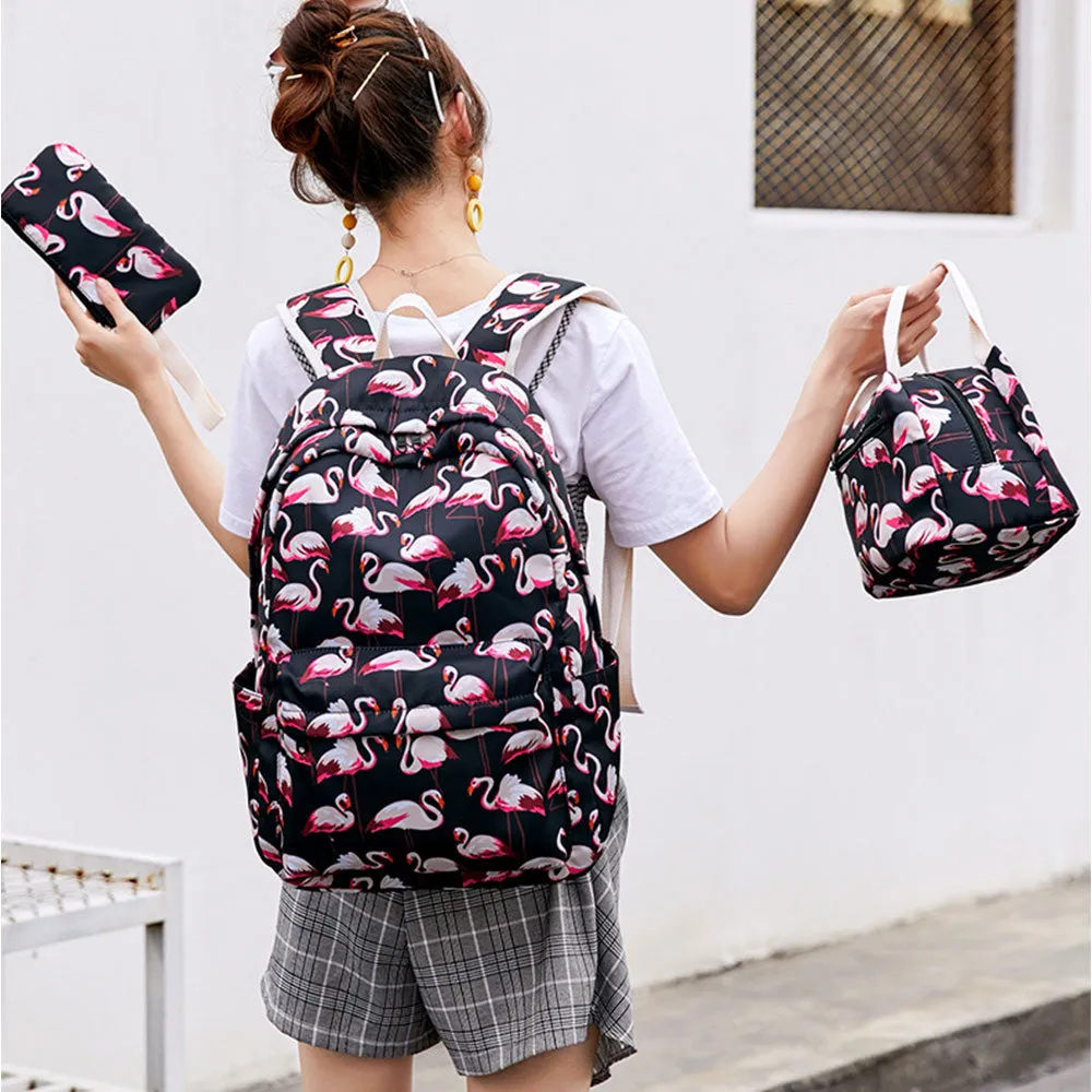 Flamingo School Backpack Set for Girls 3 in 1 Bookbag with Insulated Lunch Box Pencil Case Schoolbag Casual Daypack
