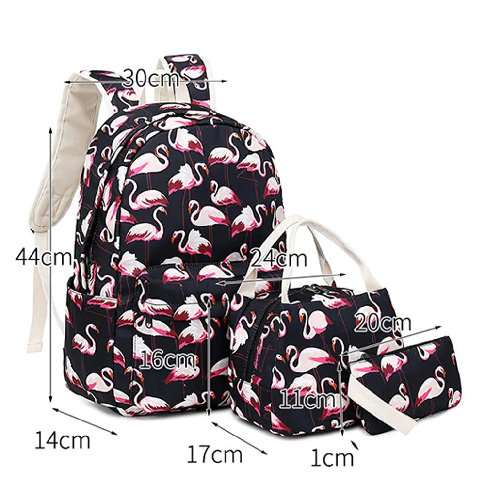 Flamingo School Backpack Set for Girls 3 in 1 Bookbag with Insulated Lunch Box Pencil Case Schoolbag Casual Daypack