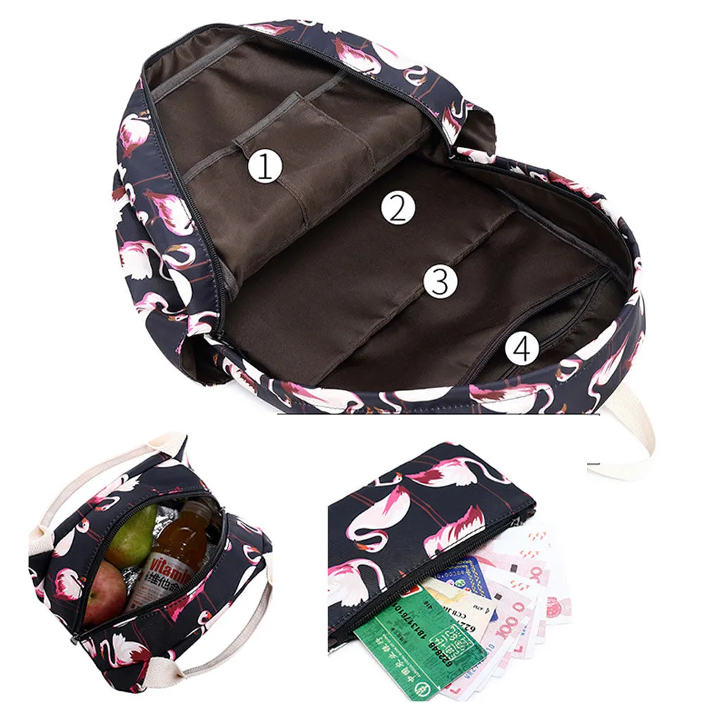 Flamingo School Backpack Set for Girls 3 in 1 Bookbag with Insulated Lunch Box Pencil Case Schoolbag Casual Daypack