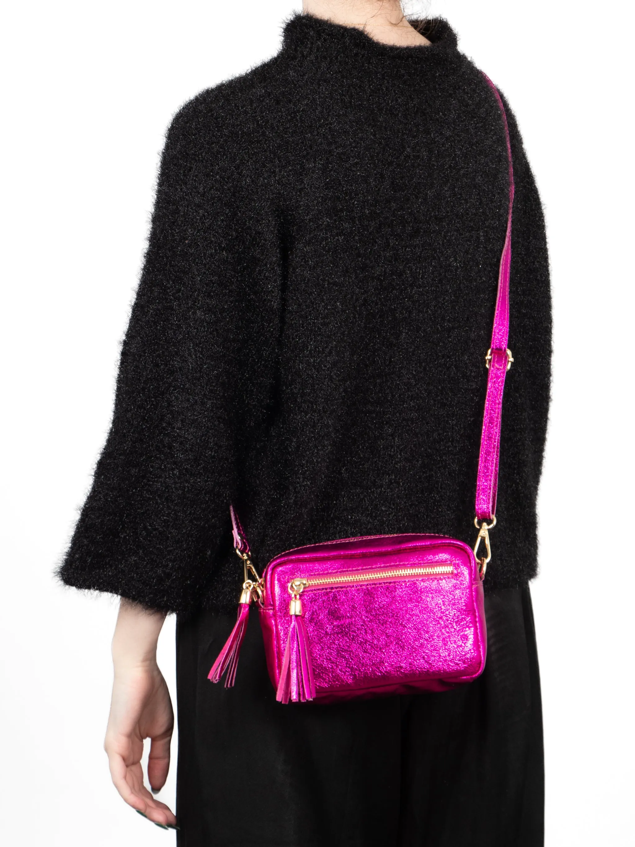 Fleur - Italian Leather Crossbody Bag - Raspberry, Metallic