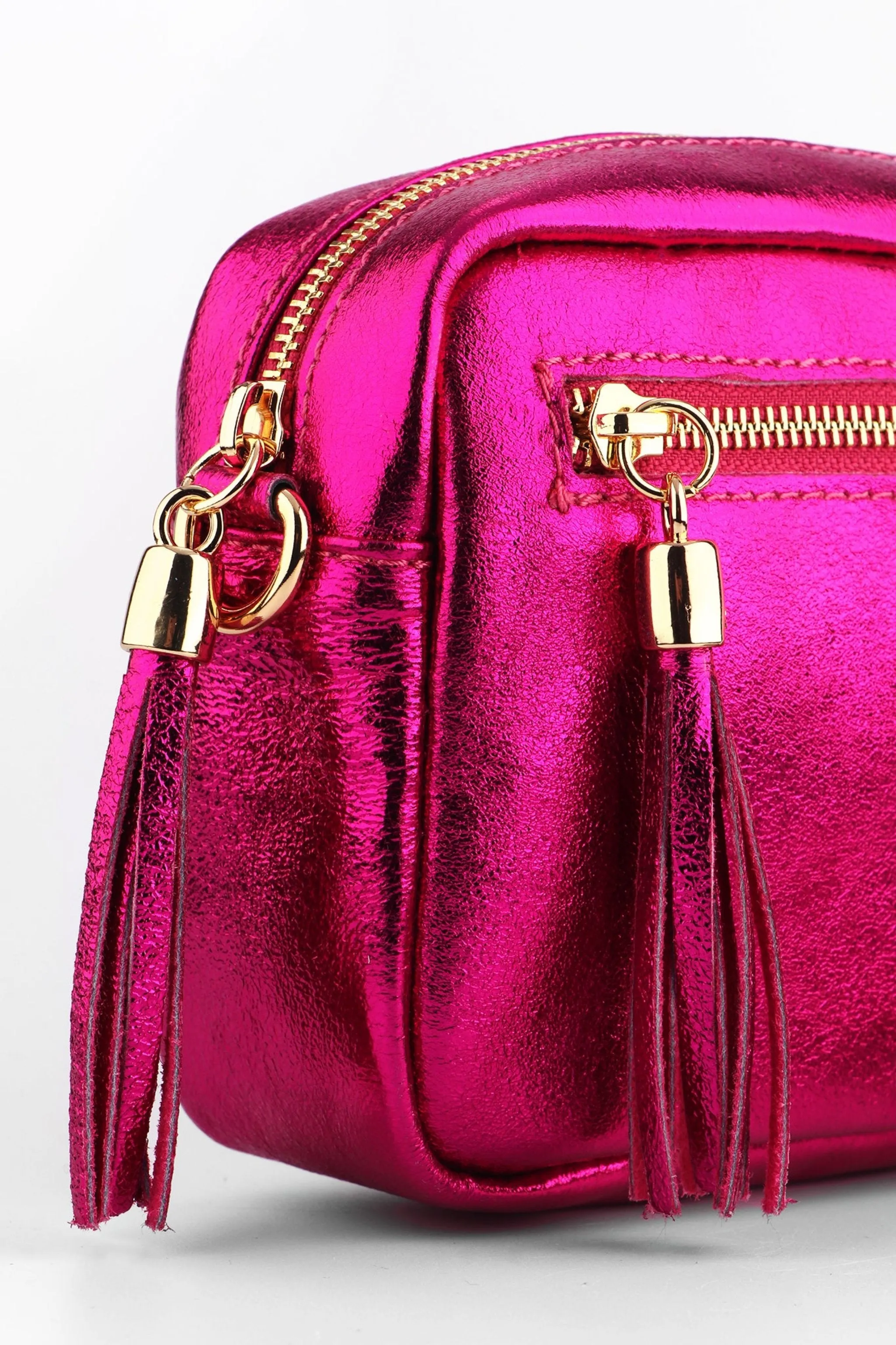 Fleur - Italian Leather Crossbody Bag - Raspberry, Metallic