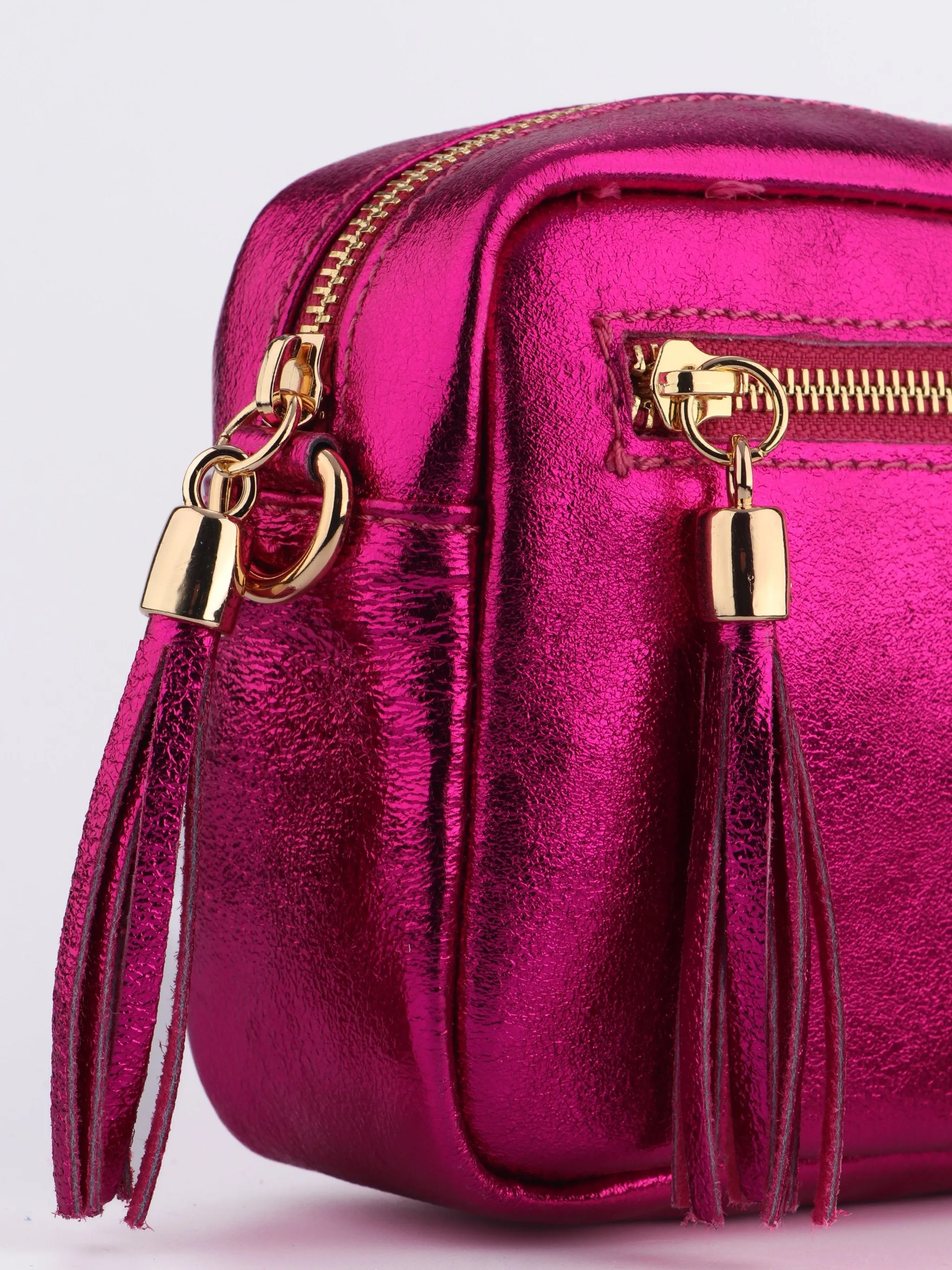 Fleur - Italian Leather Crossbody Bag - Raspberry, Metallic