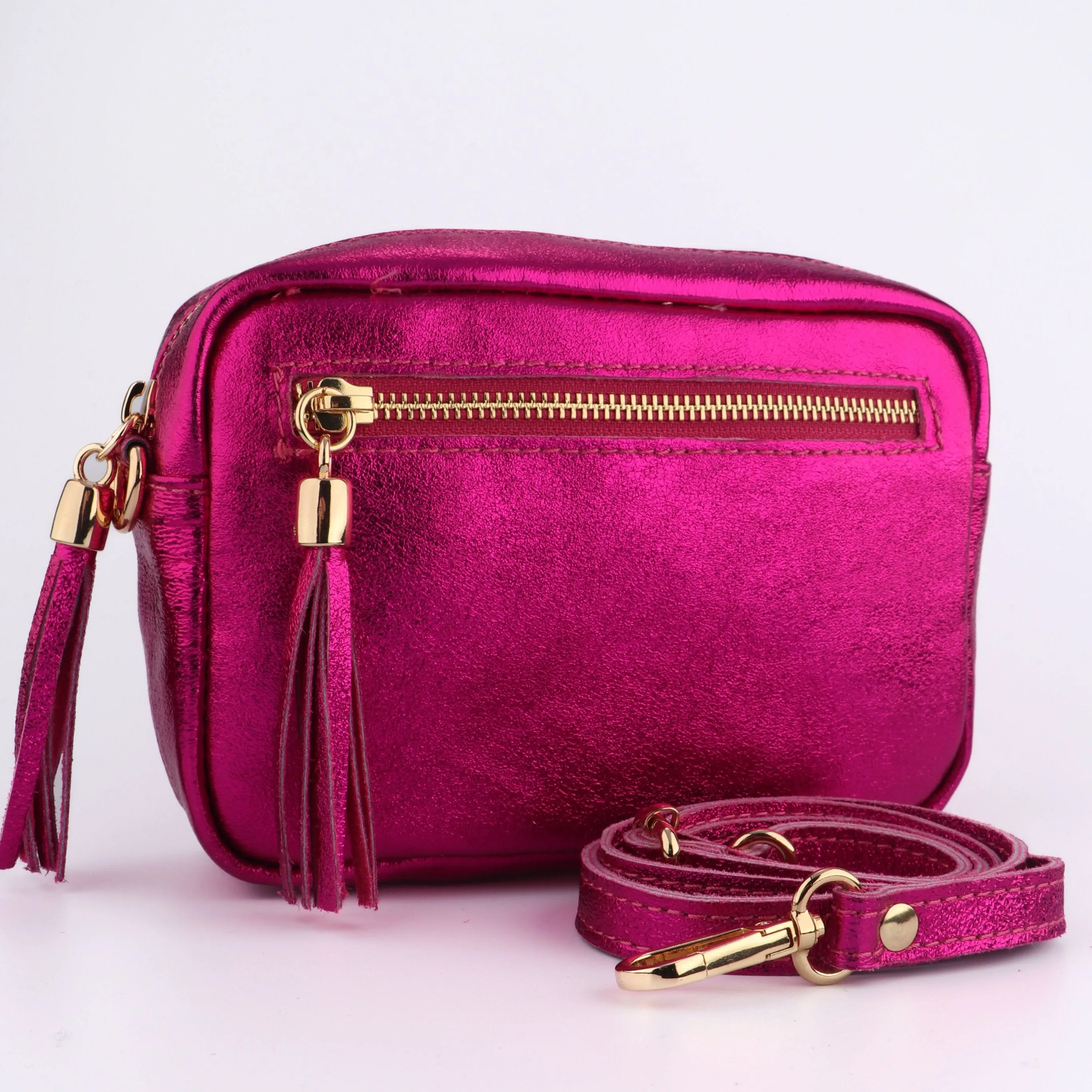 Fleur - Italian Leather Crossbody Bag - Raspberry, Metallic