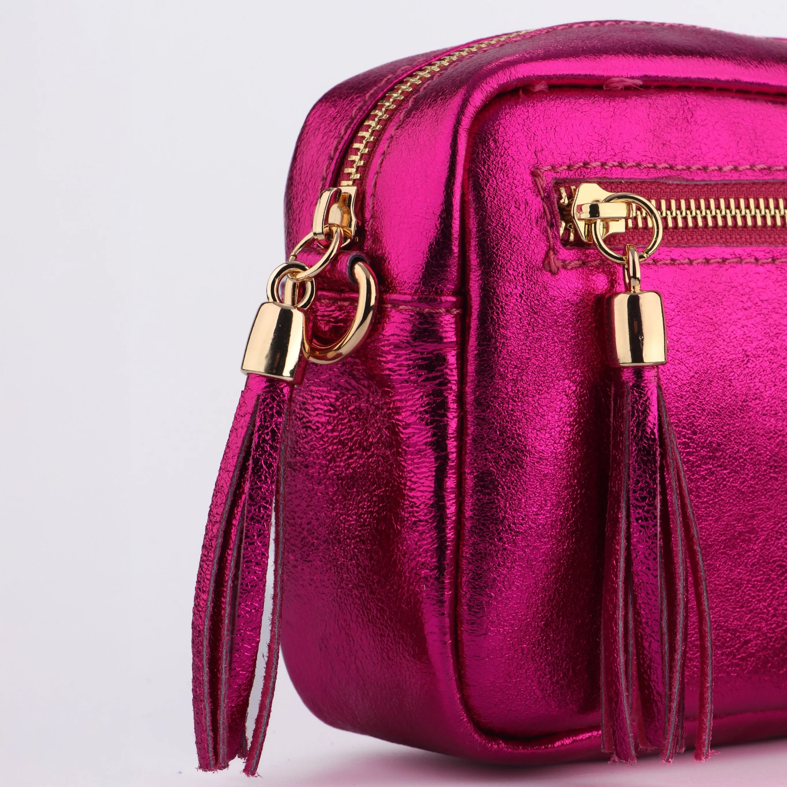 Fleur - Italian Leather Crossbody Bag - Raspberry, Metallic