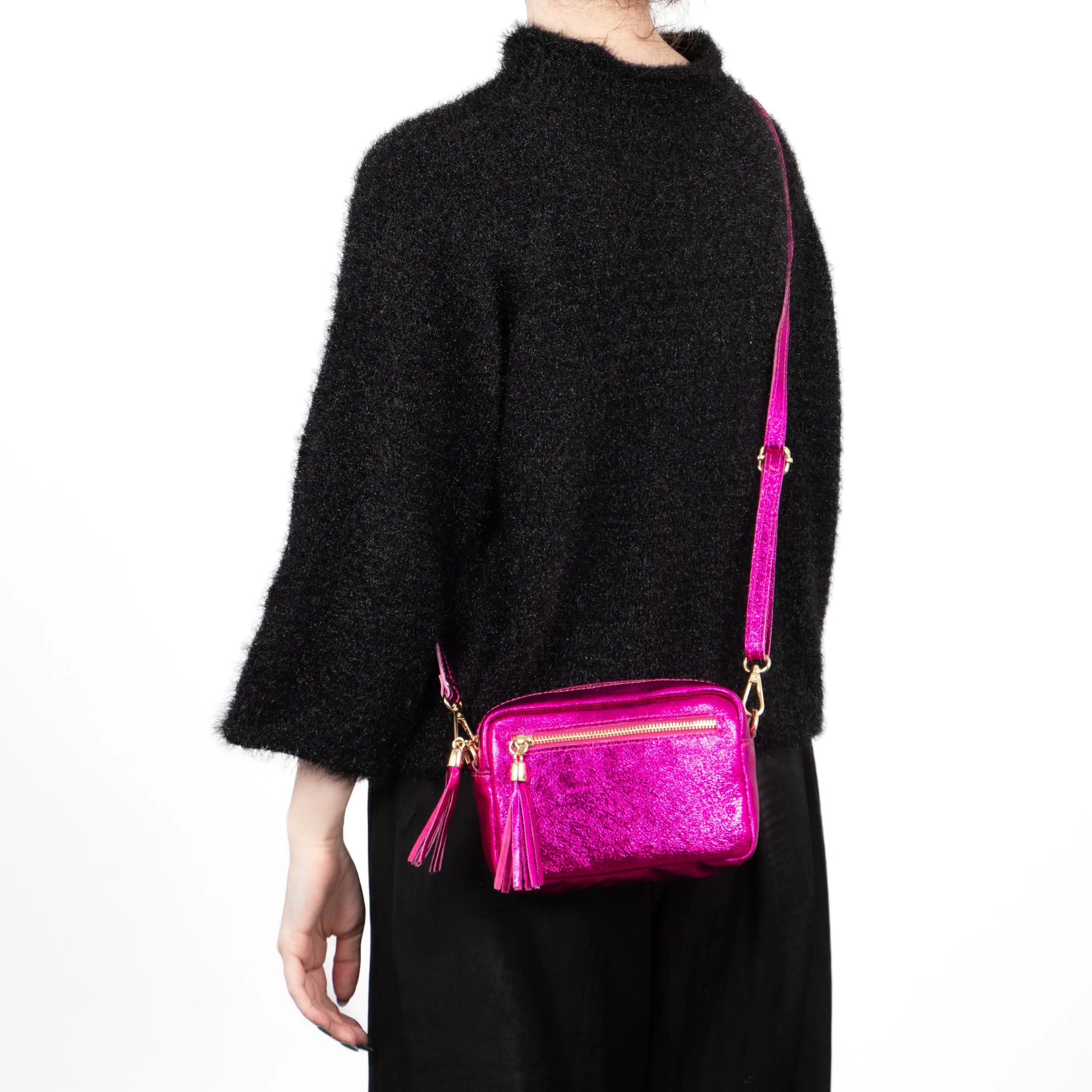 Fleur - Italian Leather Crossbody Bag - Raspberry, Metallic
