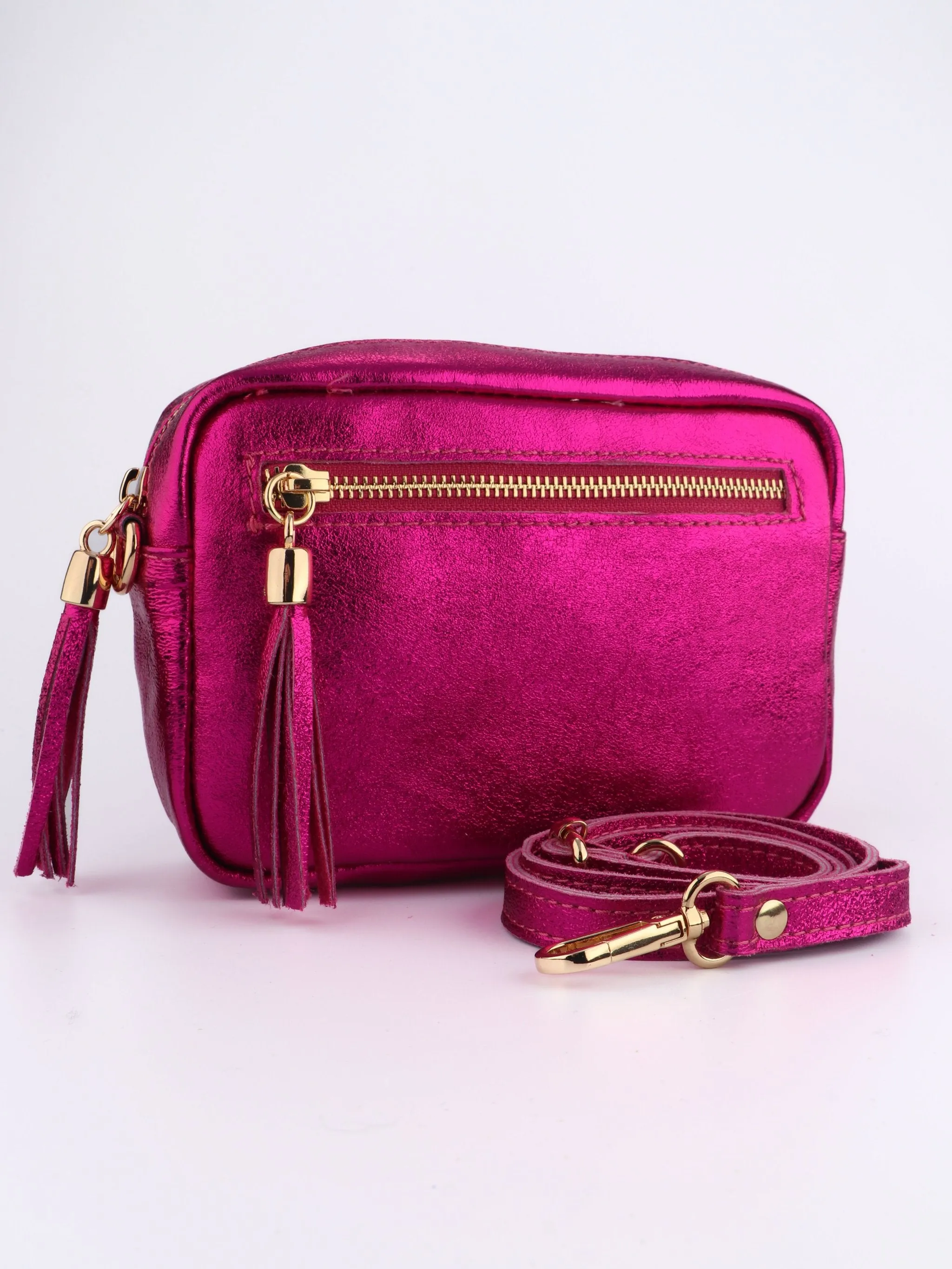 Fleur - Italian Leather Crossbody Bag - Raspberry, Metallic