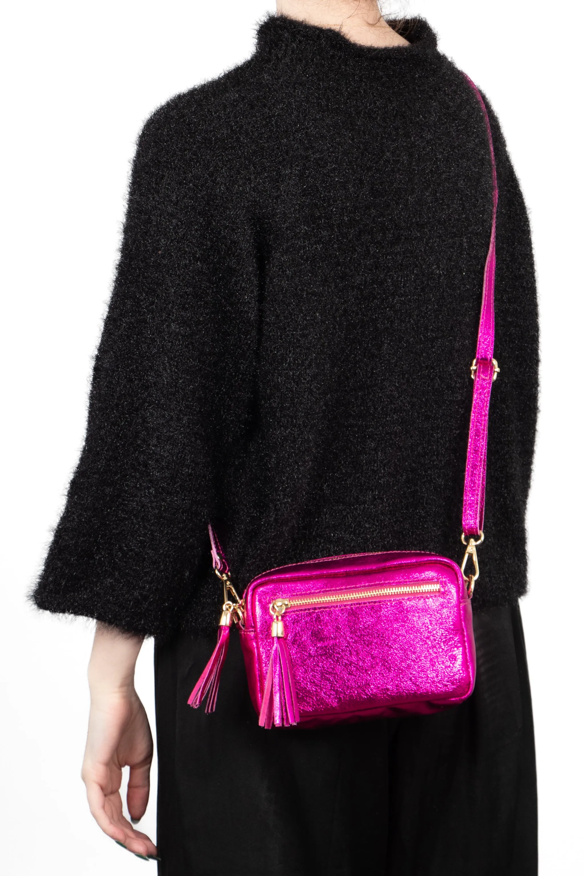 Fleur - Italian Leather Crossbody Bag - Raspberry, Metallic