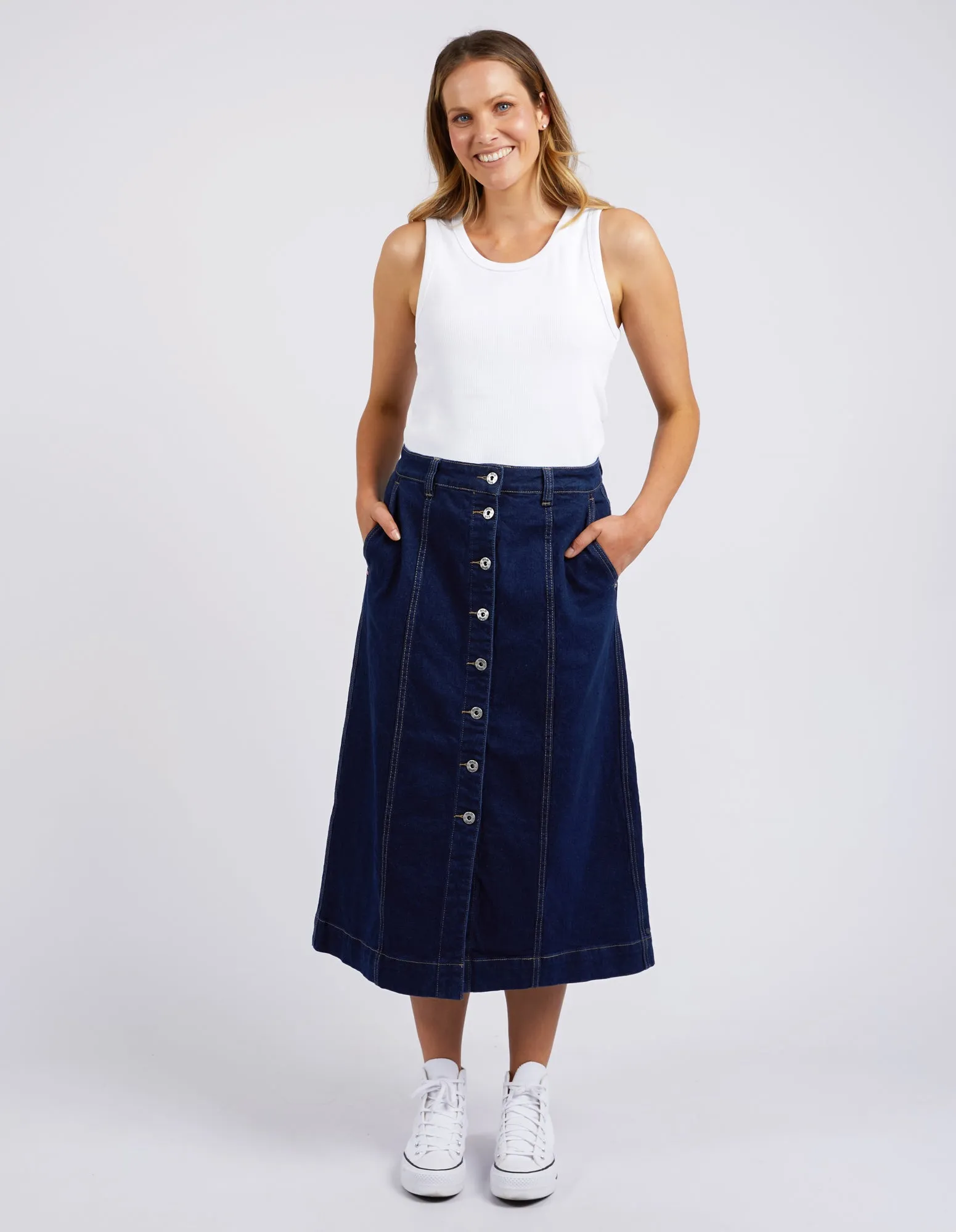 Florence Button Through Skirt Dark Blue Wash