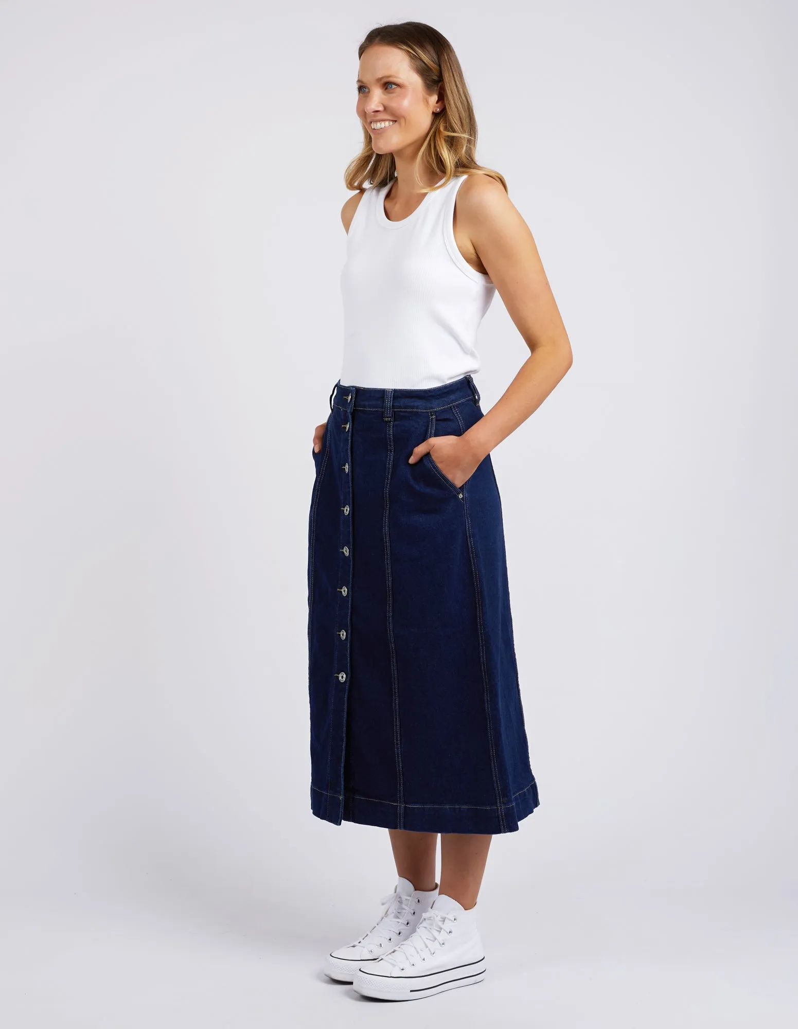 Florence Button Through Skirt Dark Blue Wash