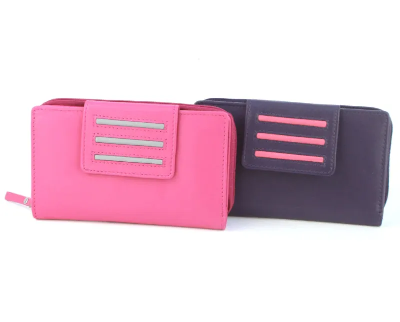 Genuine Soft Leather Purse RFID protection Tab Detail Pink & Purple