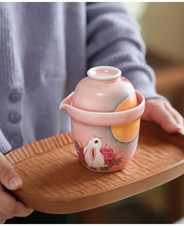 Gohobi Hand-painted Rabbit Pink Travel Tea Set