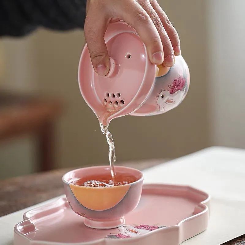 Gohobi Hand-painted Rabbit Pink Travel Tea Set
