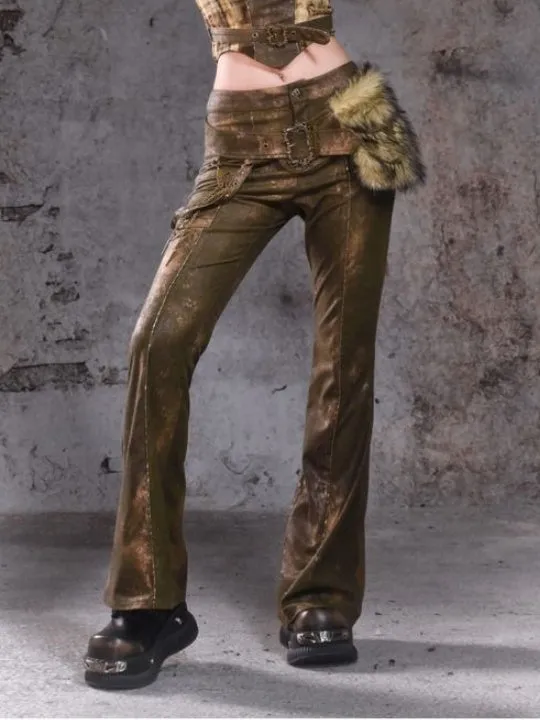 Green Low-Waist Buckle Flared Pants with Plush Waist Bag