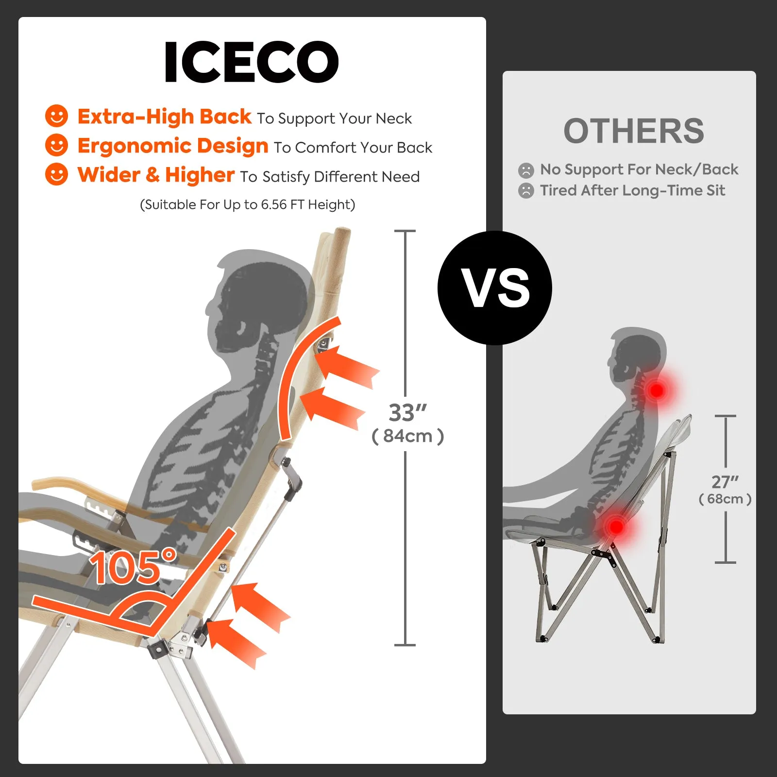 Ha1600 Adjustable Camping Chairs, High-Back Heavy Duty Folding Chair for Outside | ICECO